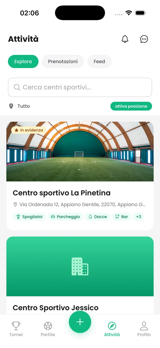Sezione Attività dell’app con l’elenco dei centri sportivi prenotabili