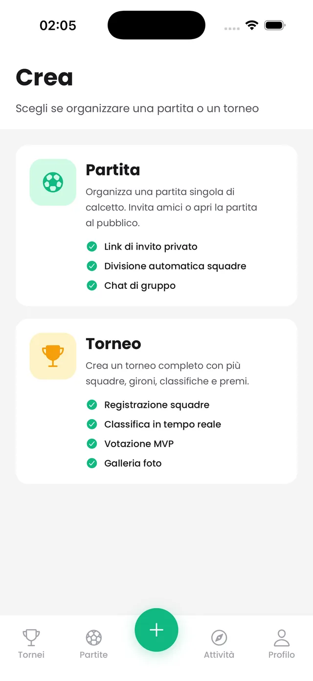 Schermata Crea dell’app: scegli tra partita e torneo
