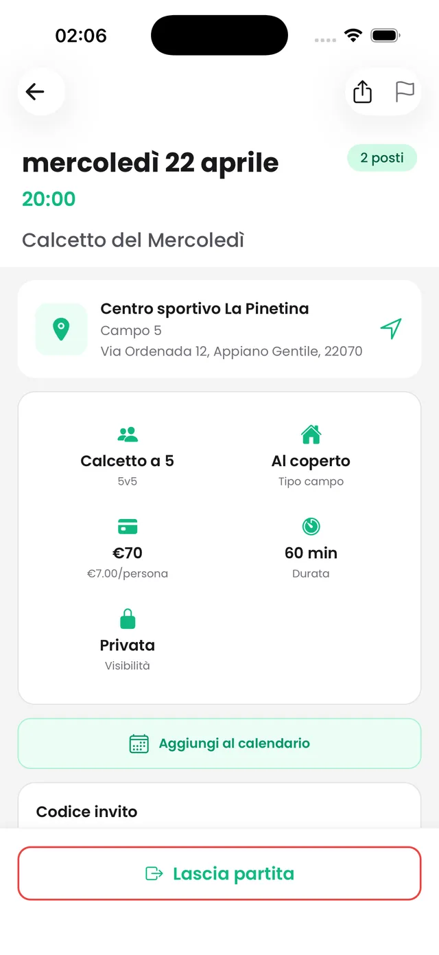 Dettaglio di una partita di calcetto a 5 con campo, prezzo per persona e durata