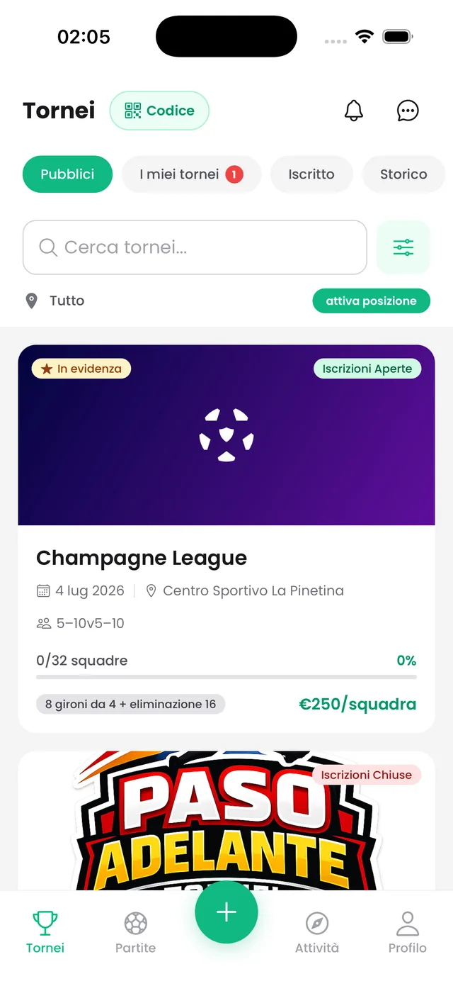 Schermata Tornei dell’app Jessico con un torneo in evidenza e iscrizioni aperte